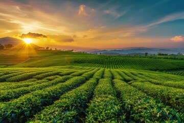 the green tea field with a wide angle lens and sunset in the background, 