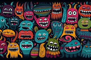 Festive and fun monsters, repeating handdrawn pattern, for cheerful wrapping paper ,  flat graphic drawing