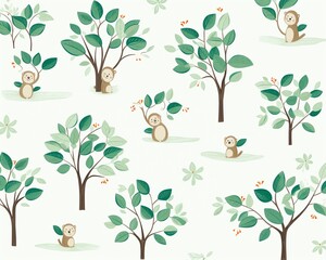 Flat graphic tree monkeys, repeating white pattern, childlike and simple plant illustrations ,  childlike drawing