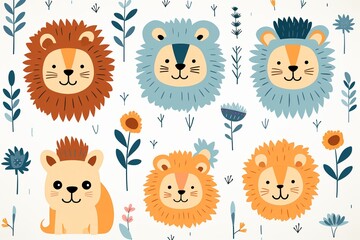 Naklejka premium Flat graphic lions, various expressions, simple childlike repeat on white , repeating pattern drawing