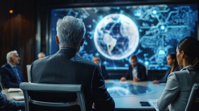 A wide shot shows the backside view, in front on top of a chair a middle aged man with grey hair is speaking to a group of business people at a big table in a futuristic conference room.