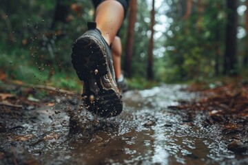 Close-up image of feet walking in the rainforest.