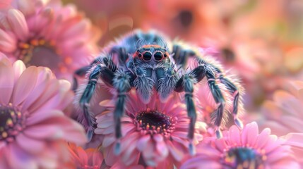Vibrant Jumping Spider on Pastel Flowers
