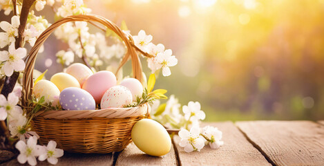 Easter eggs in a basket on a wooden table with spring flowers, cherry branch. Copy place. Easter card and banner. Generative AI - 797917578