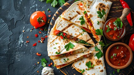 A delicious Mexican quesadilla with melted cheese, peppers, and onions. It is served with a side of salsa and sour cream. - obrazy, fototapety, plakaty