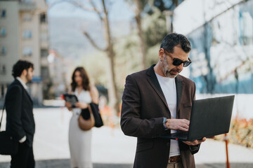 Focused businessman works on laptop outdoors in the city with coworkers discussing nearby,...