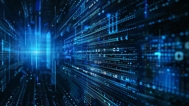 A futuristic digital background with elements of data technology and cyber security, such as holographic interfaces or binary code. 
