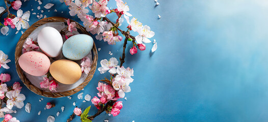 Easter colorful eggs in a nest on a blue table with spring flowers, cherry branch. Copy place. Top view. Easter card and banner. Generative AI. - 797918365