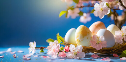 Easter colorful eggs in a nest on a blue table with spring flowers, cherry branch. Copy place. Easter card and banner. Generative AI. - 797918507