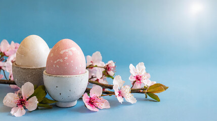 Easter colorful eggs in a nest on a blue table with spring flowers, cherry branch. Copy place. Easter card and banner. Generative AI. - 797918709