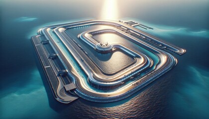A futuristic race track is built on top of a body of water. The scene is a mix of technology and nature