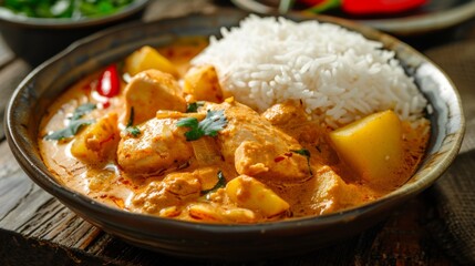 Massaman Curry with Chicken and Potatoes with cooked rice in a plate