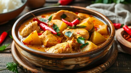 Massaman Curry with Chicken and Potatoes.It is an aromatic curry with a tangy, luxurious taste that is harmonic, sweet and isn't as spicy