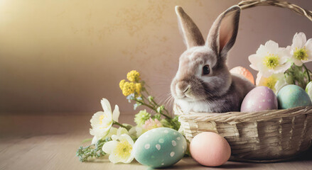 Lovely bunny easter fluffy baby rabbit with a basket full of colorful easter eggs. Beautiful Easter card. Generative AI - 797919552