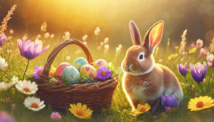 Easter cute bunny on the spring grass with a basket of colorful Easter eggs. Rays of sunlight in the background. Generative AI. - 797919723