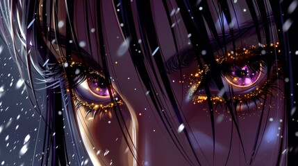 Anime style illustration of an anime girl's eyes with crystals, sparkles and lights shining from them, shiny and glossy, fantasy background, dark brown hair, long black lashes