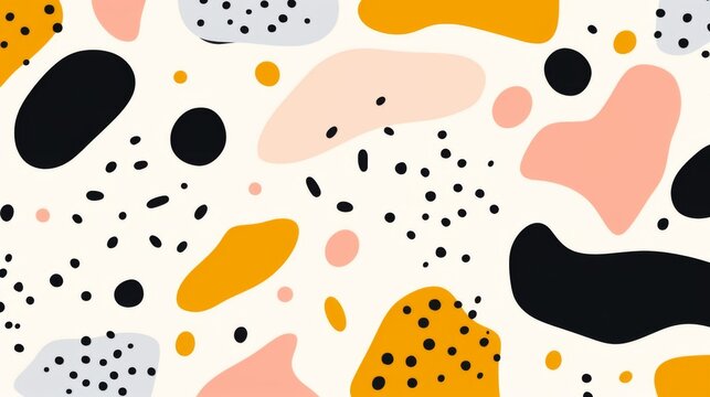 A vibrant, abstract terrazzo pattern with speckles and organic shapes in a playful composition