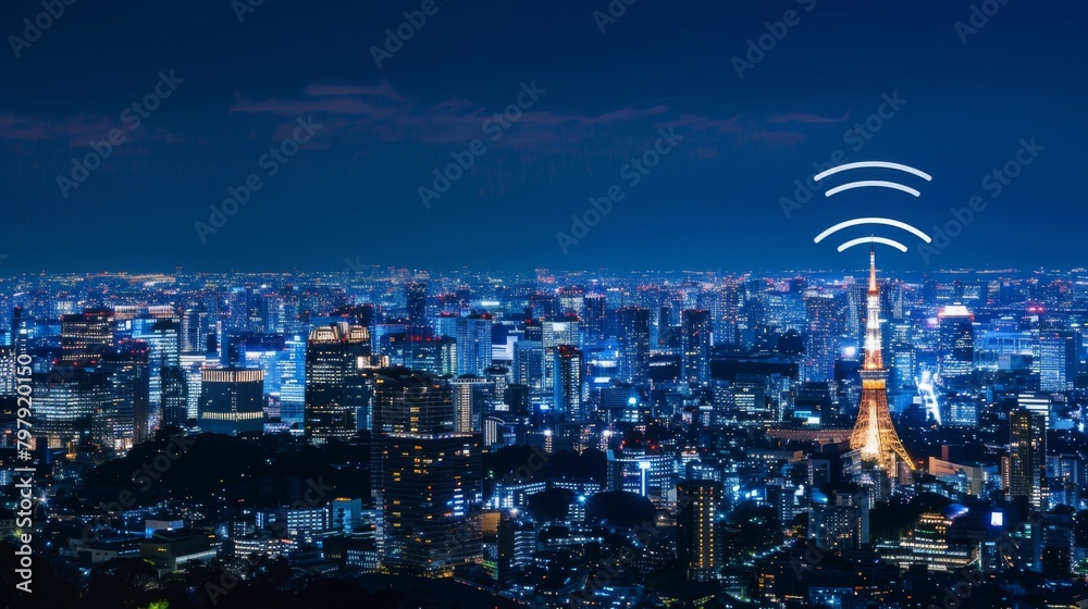 Poster Modern city with wireless network connection and city scape concept.Wireless network and Connection technology concept with city background at night.