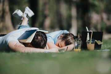 A school couple enjoys a peaceful moment together on a sunny day, with books covering their faces as they nap on the grass, symbolizing comfort and companionship amidst academic life.