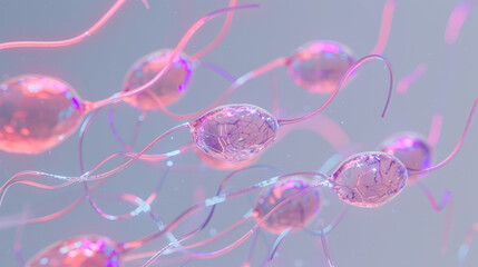 sperm cell of pink and purple blobs are floating in the air. The blobs are connected to each other and appear to be part of a larger structure. The image has a dreamy, surreal quality to it