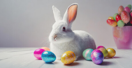 Lovely bunny easter fluffy baby rabbit with a basket full of colorful easter eggs. Beautiful Easter card. Generative AI - 797920374
