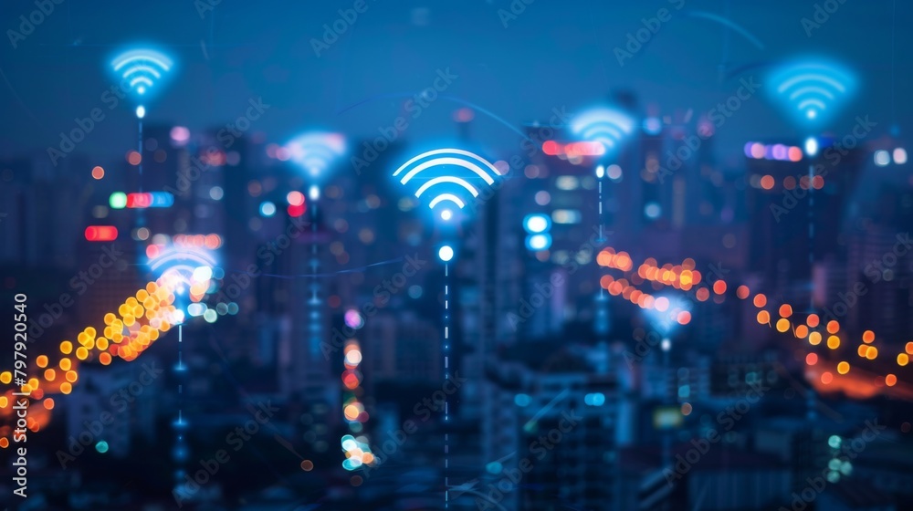 Poster modern city with wireless network connection concept