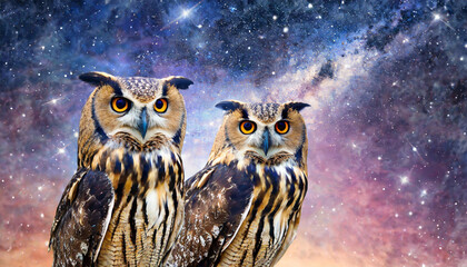 Two owls on a purple sky, illustration. 