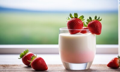 Strawberry in a glass of milk with copy space, a healthy food drinks concept 