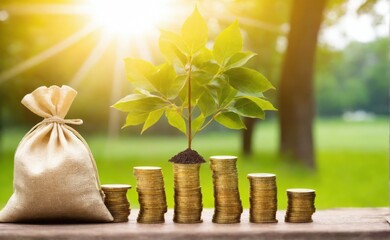 Stacking gold coins and money bag of plants with growing put on the wood on the morning sunlight in public park, Saving money and loan for business investment concept, copy space