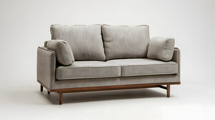 Refined grey loveseat in a Scandinavian setting. expressing multi-functionality and eco-centric design