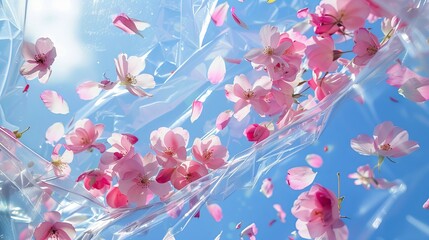 Pink flower petals are scattered on a plastic bag over a mirror, with the blue sky reflecting in the mirror.