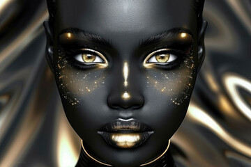 Fototapeta na wymiar ethereal cosmic beauty portrait of a woman with starry makeup and golden eyes