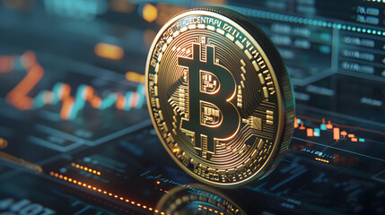 Rendering of a bitcoin icon and investment diagrams against a cryptocurrency exchange background. High-definition photo. detailed depiction in 3D style. 