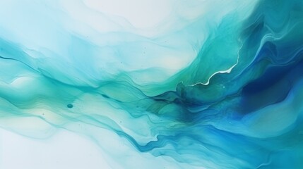 This serene image captures a soft watercolor flow, blending blues and greens in a dreamy, abstract manner