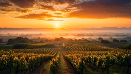 Naklejka premium sunrise over a lush vineyard during autumn with harvest dew kissed grapes glistening (2)