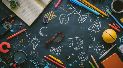 Return to school concept with a chalkboard background. decorated with sketches of math symbols and icons