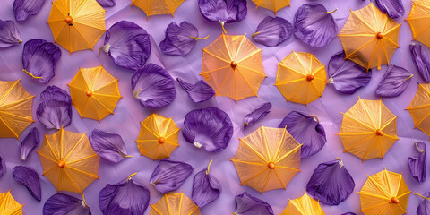 Vibrant Display of Purple and Yellow Umbrellas Arranged on Purple Surface with Petals in Spring Garden Setting