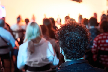 Speakers make a presentation at a corporate business conference. Unrecognizable people in the audience of the conference hall. Business and Entrepreneurship Event. High quality photo