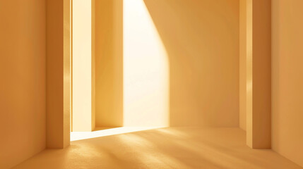 Abstract light beige backdrop with golden hues, featuring natural window light for product display on wall.