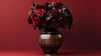 3D render of a black vase with golden Greek key pattern filled with dark roses