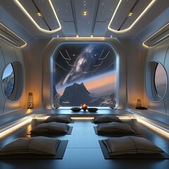 A serene meditation room in a spaceship traveling through deep space
