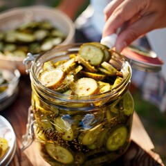 A jar of crispy pickles being opened at a picnic