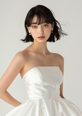 Woman in a white wedding dress photo gown hair.