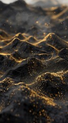 Abstract 3D landscape of black hills with gold mist rolling over them