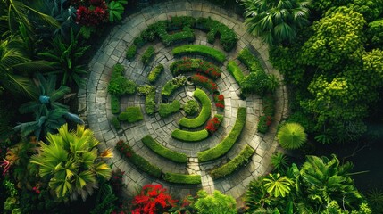 Aerial view of a spiral maze in a lush green garden