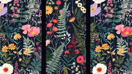 Boho chic floral patterns with wildflowers and ferns