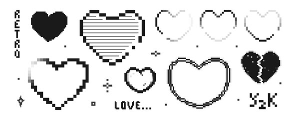 Hearts in pixel and y2k style. Set of retro trendy elements in monochrome colors. Broken heart. Vector illustration