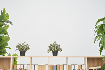 Wooden podium. With a layout for your design. An empty wall with space to copy. A stand with a platform and pots with indoor plants. Fashionable composition in the background. High quality photo