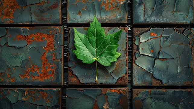 A single green leaf sits on a rusty metal surface.