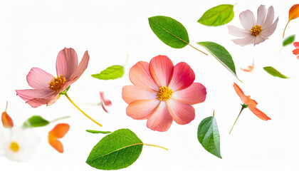 wild flowers falling or floating in the air isolated on white background with green leaves. Generative AI, - 797923546